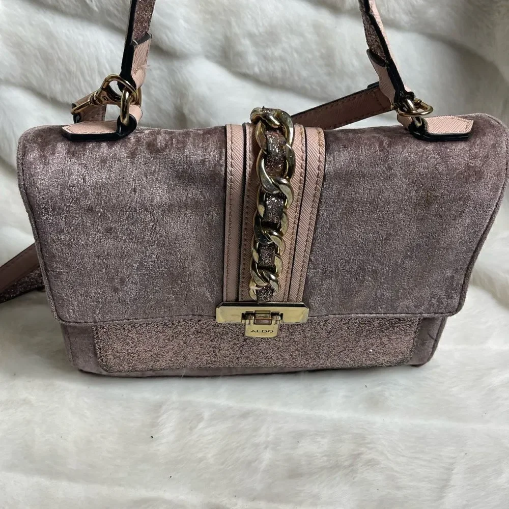 Aldo rose gold glitter &light brown velvet satchel/shoulder bag gold tone accent